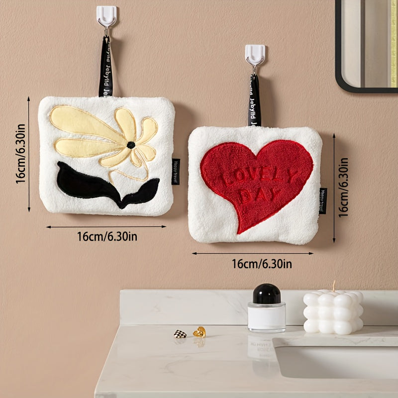Coral Fleece Hand Towel Set with Heart Flower Pattern Quick Dry Absorbent Kitchen Bathroom