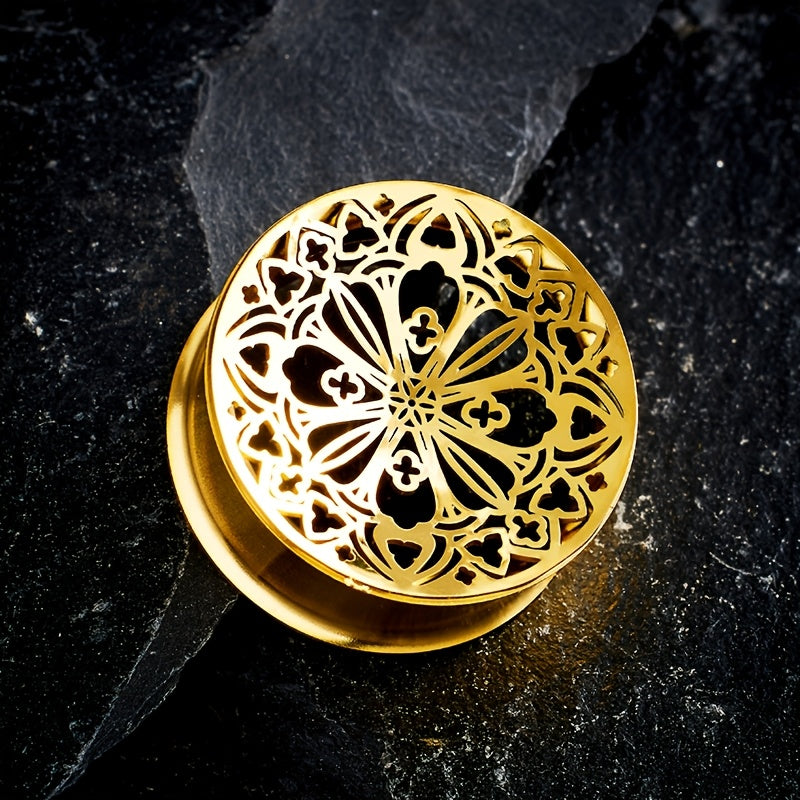 2 ta Hip Hop zanglamas po'latdan yasalgan quloq kengaytmalari to'plami, oltin gullar dizayni bilan - Har kuni kiyish va partiyalar uchun ideal. Kengaytiriluvchi yoki tunel sifatida ishlatilishi mumkin.