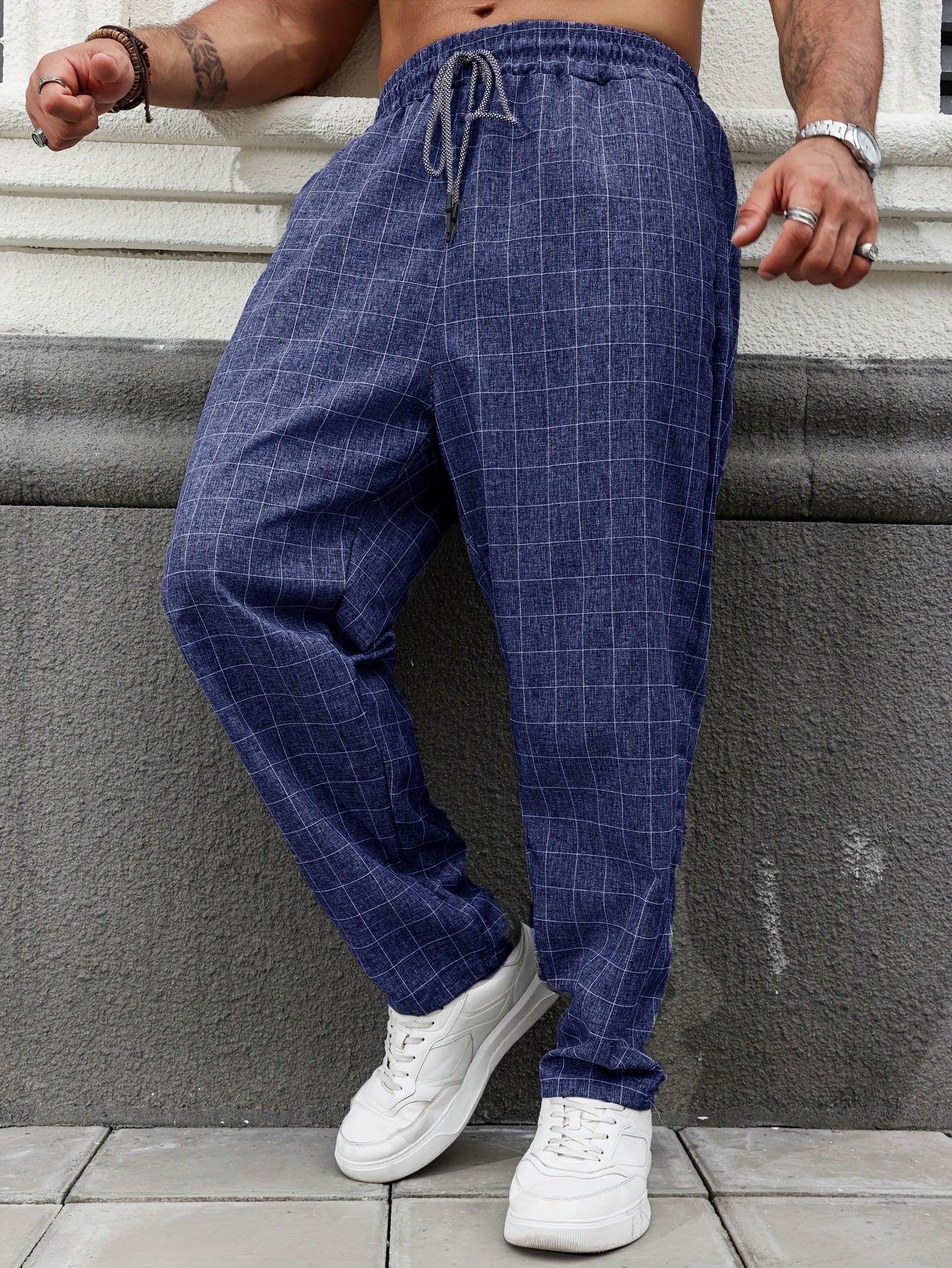 Plus Size Men's Casual Plaid Polyester Pants Set of 2 All-Season