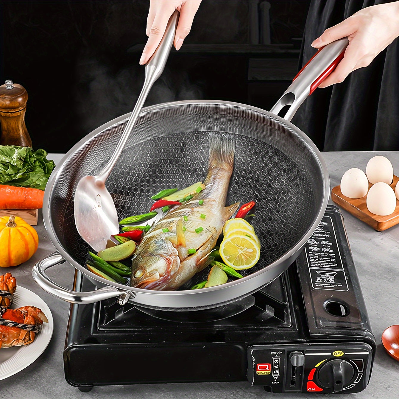 Stainless Steel Frying Pan with Lid Handle Non-Stick for Induction Gas Camping 32cm 34cm 36cm