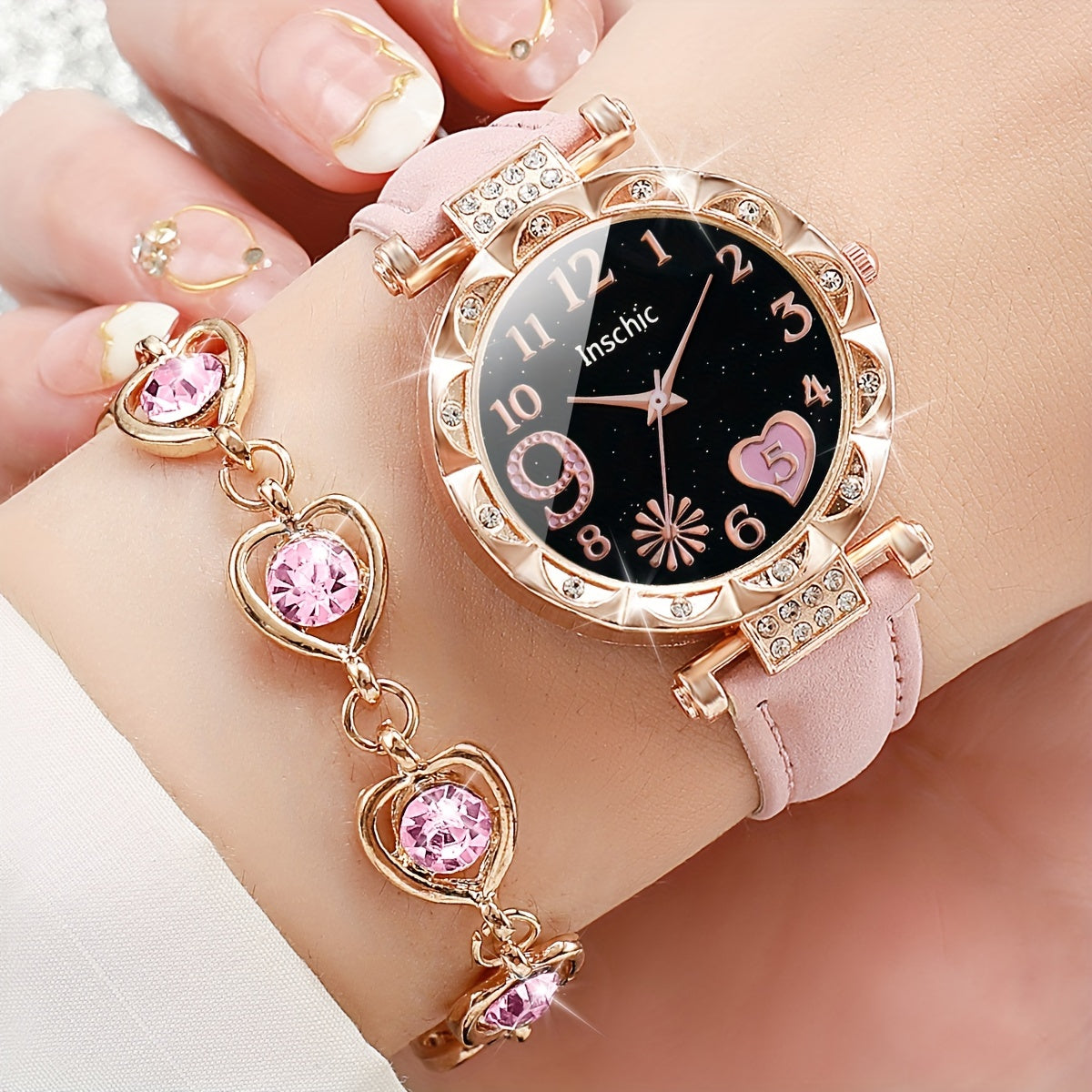 Women's Quartz Watch Set with Love Number Dial and Bracelet, Alloy Case, PU Leather Band
