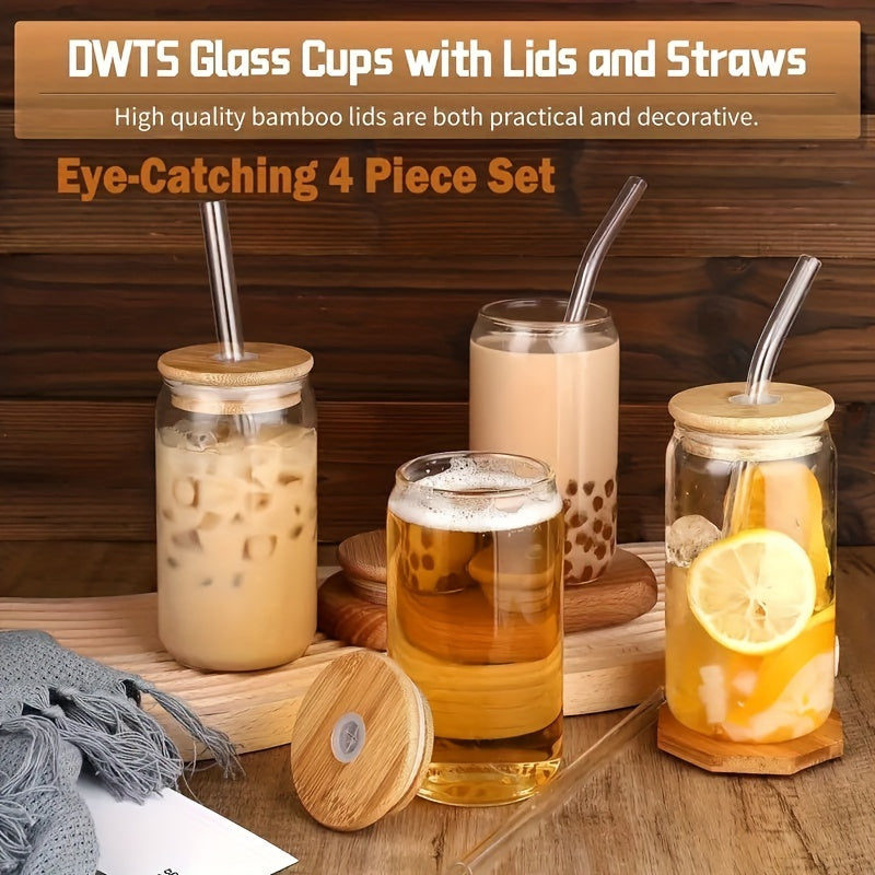Set of Drinking Glasses with Bamboo Lids and Glass Straws 16oz Can Shaped Cups for Beer Iced Coffee Cocktails