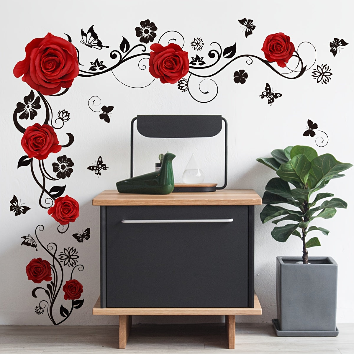 Butterfly Rose Wall Decal Reusable Self-Adhesive Sticker for Living Room Bedroom Decor