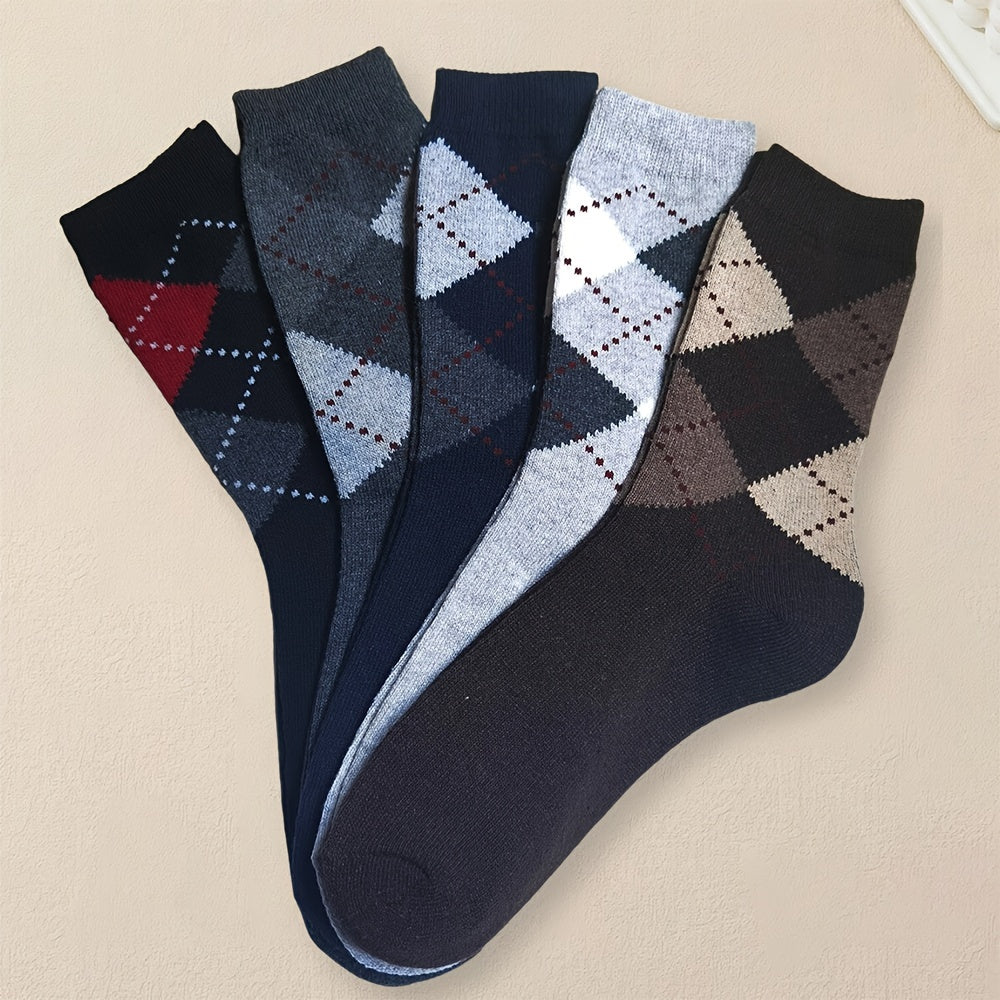 Men's Crew Socks 5 Pairs Geometric Pattern Breathable Polyester Spandex All Seasons