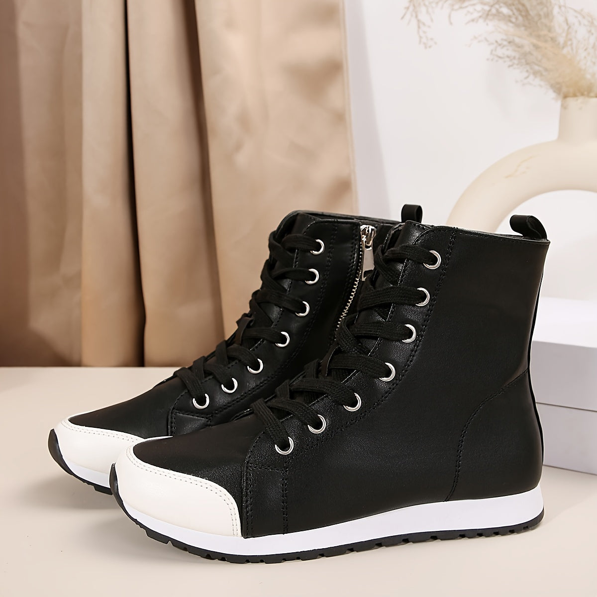 Women's Black White High Top Zipper Short Boots Sneakers