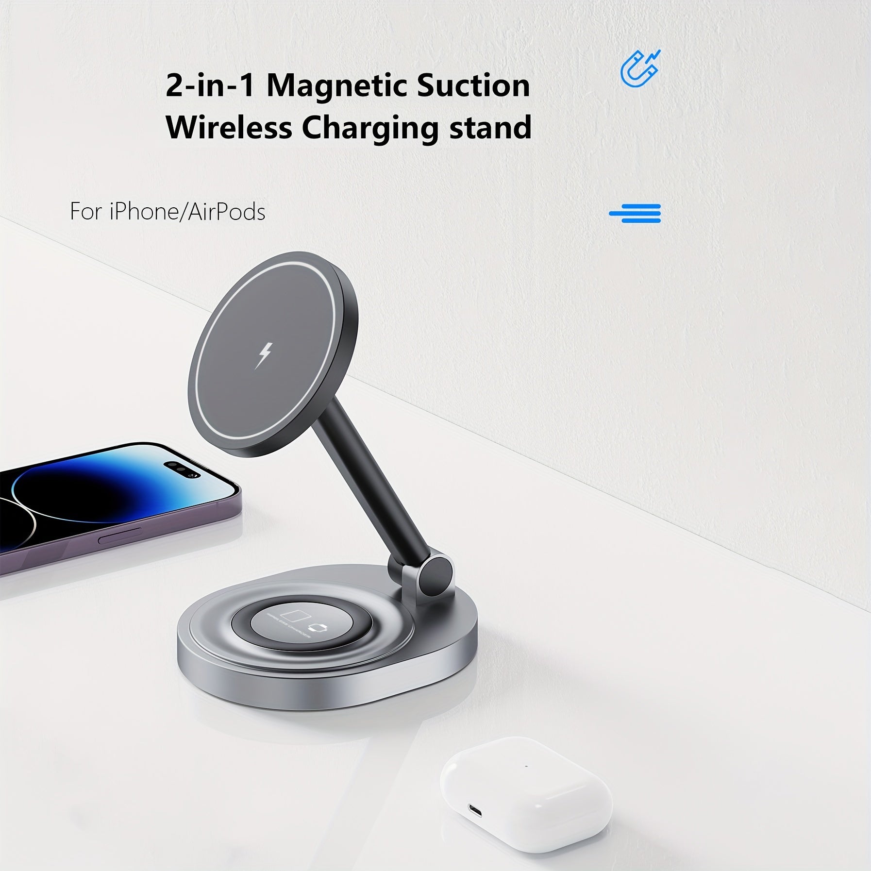 2-in-1 Magnetic Wireless Charger Stand for iPhone and AirPods 15W Fast Charging