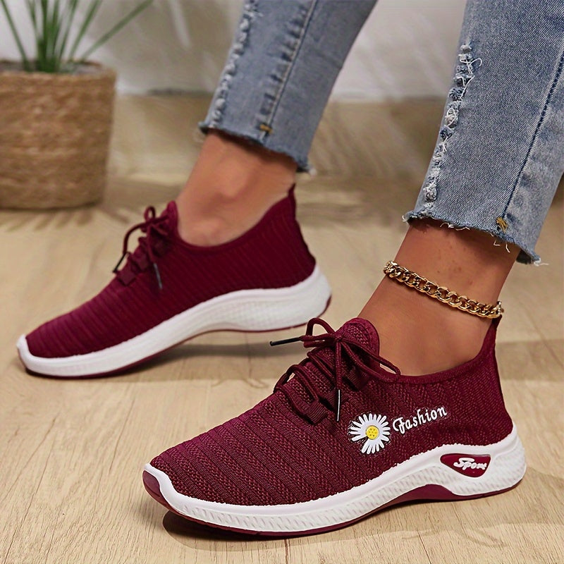 Women's Floral Pattern Lace-Up Sneakers Breathable Soft Sole Running Shoes