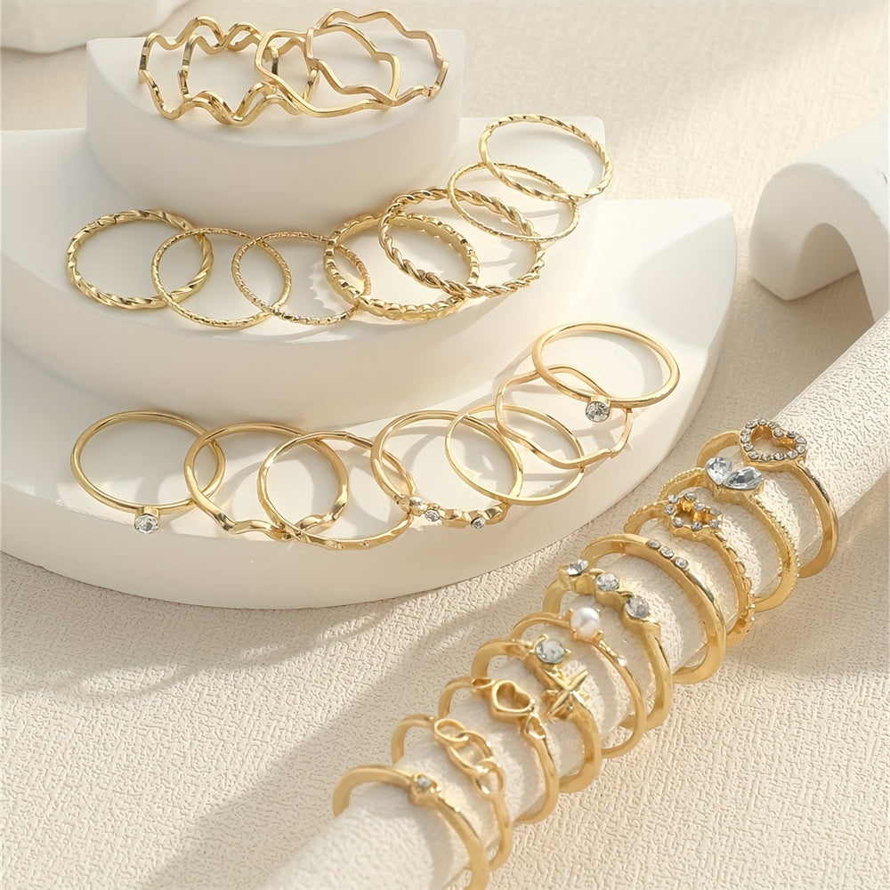 28-Piece Alloy Iron Stacking Rings Set with Heart Geometric and Wavy Designs for Daily Wear