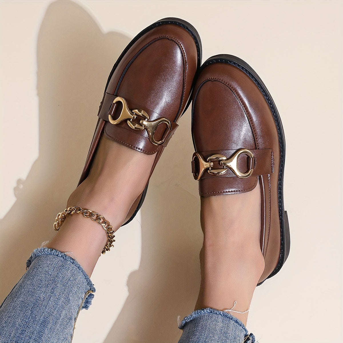 Women's Leather Platform Loafers with Buckle Comfort Slip-On All-Season