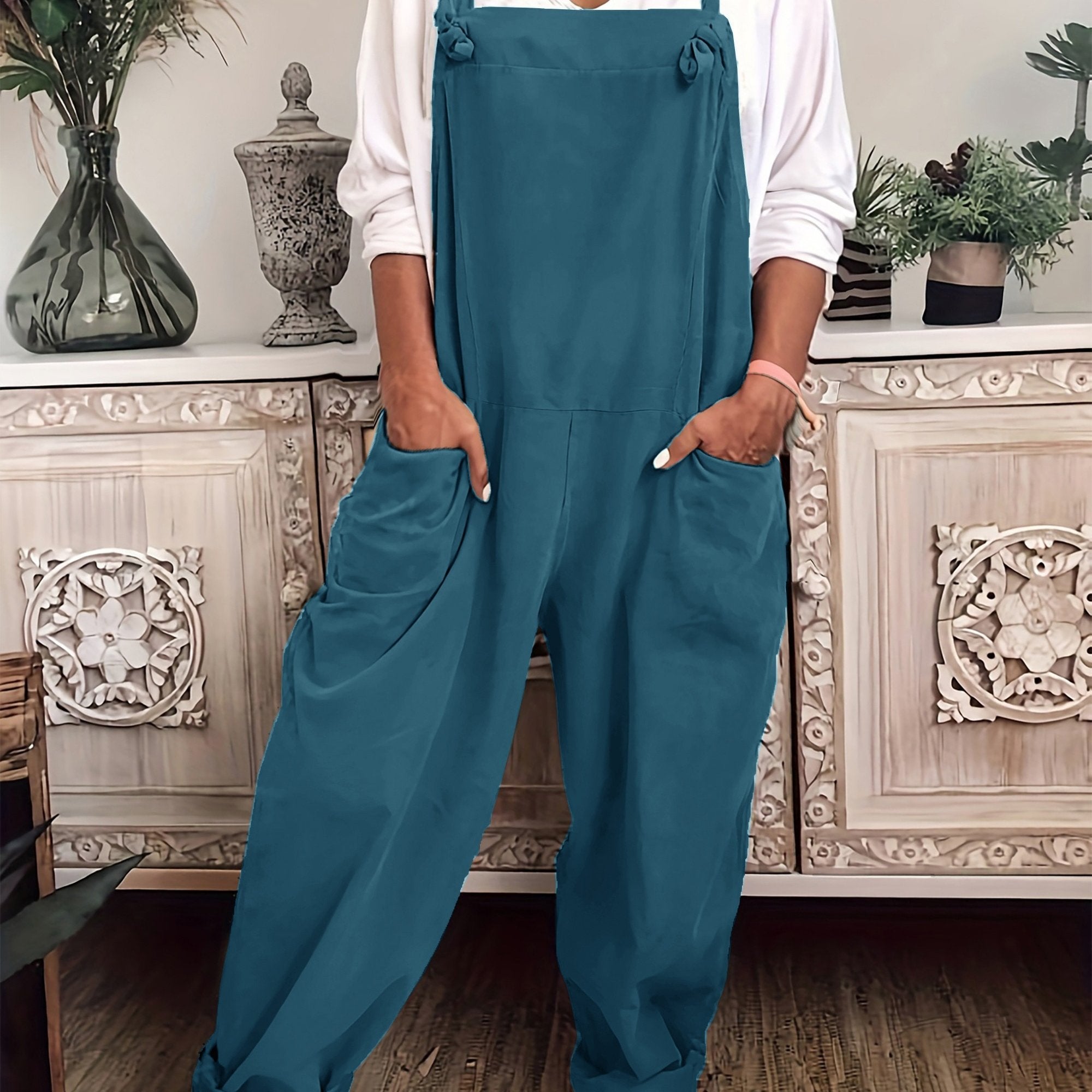 Plus Size Women Solid Knot Overall Jumpsuit Casual Summer Spring