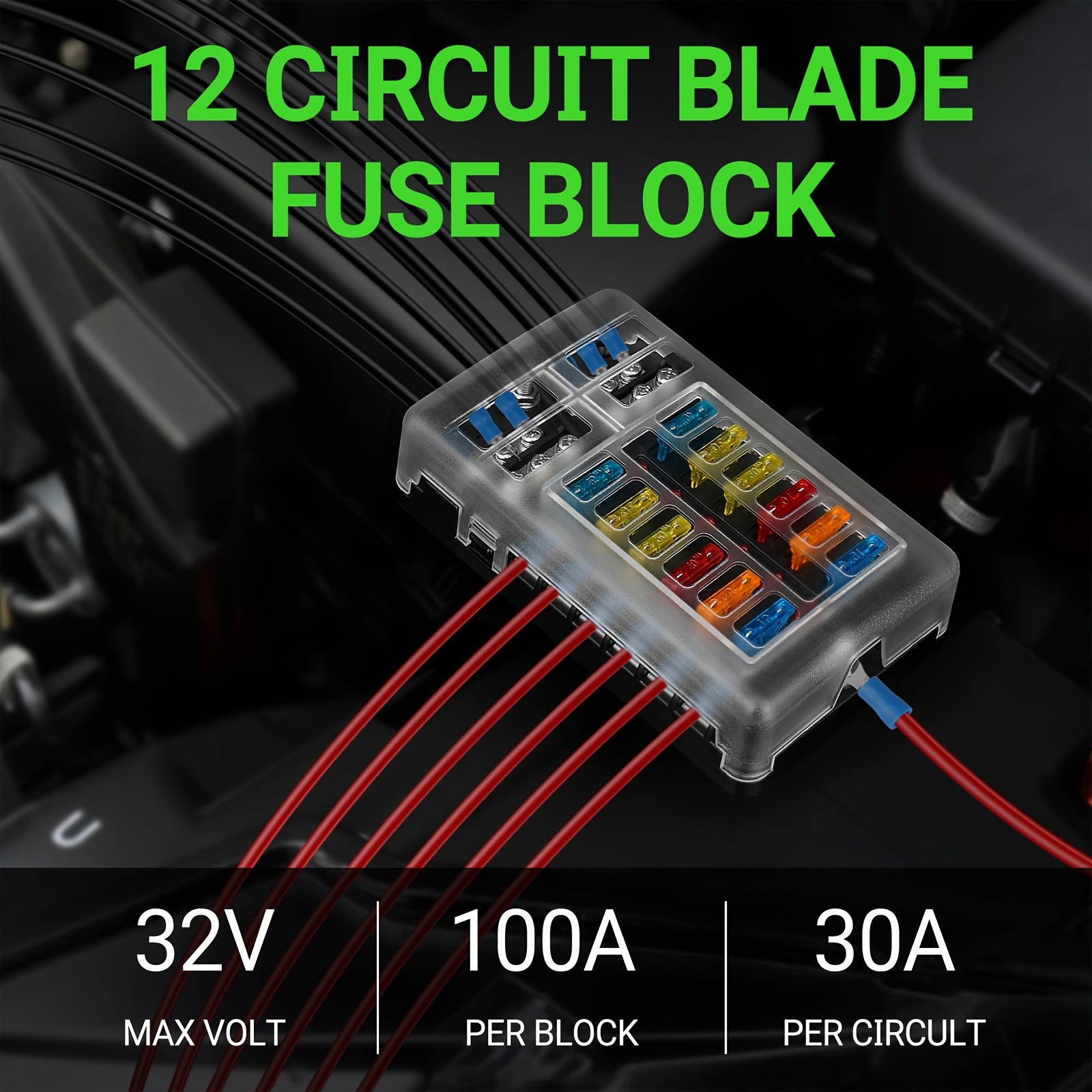 6/12 Blade Fuse Box with LED Indicator 12V Durable Flame-Retardant PBT