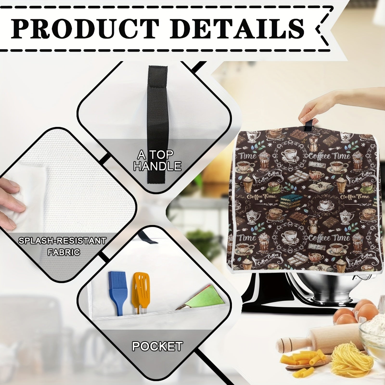 Coffee-Themed Stand Mixer Cover Dustproof Protective Kitchen Appliance Cover with Pockets