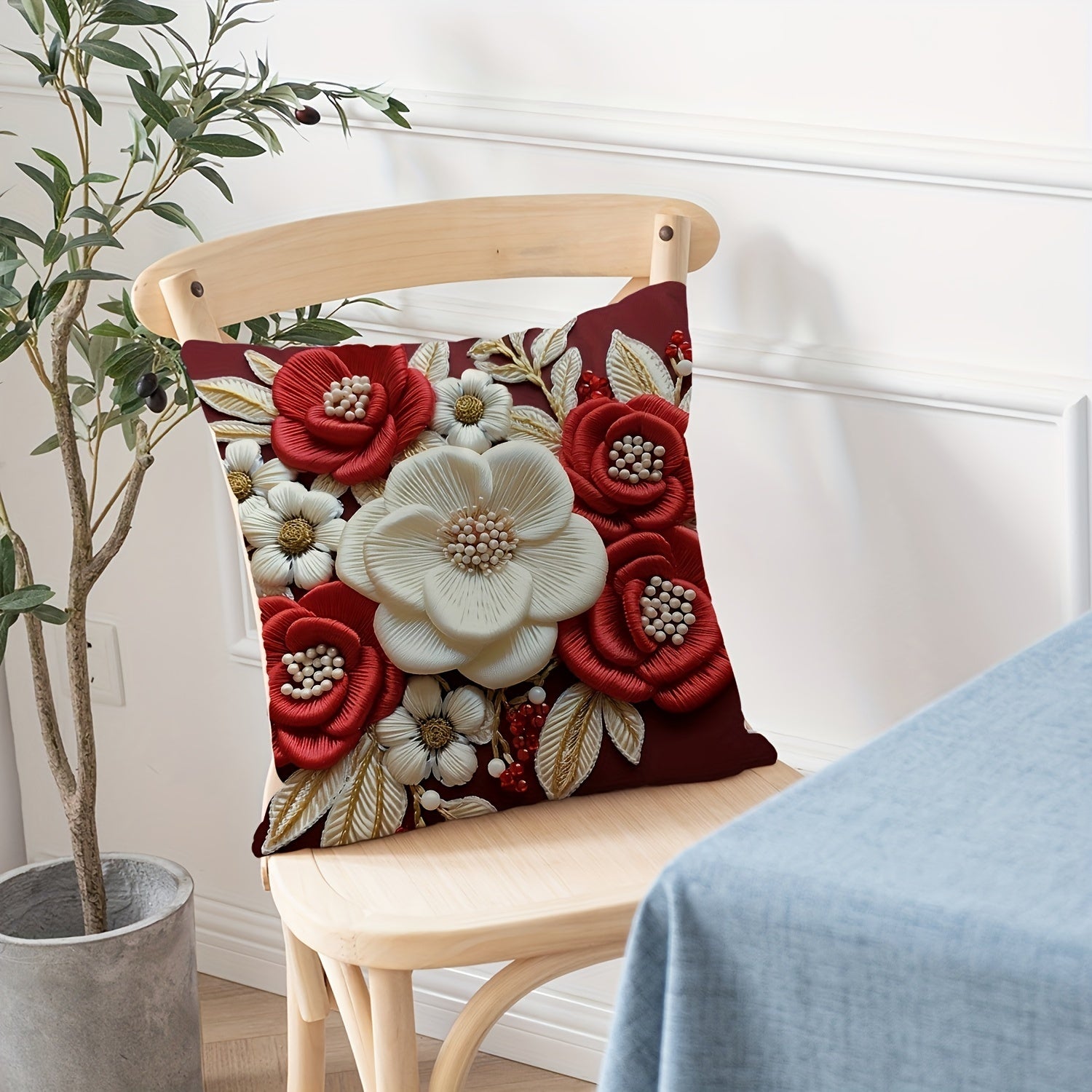3D Floral Print Plush Throw Pillow Cover Red White 44.96cm x 44.96cm Zip Closure
