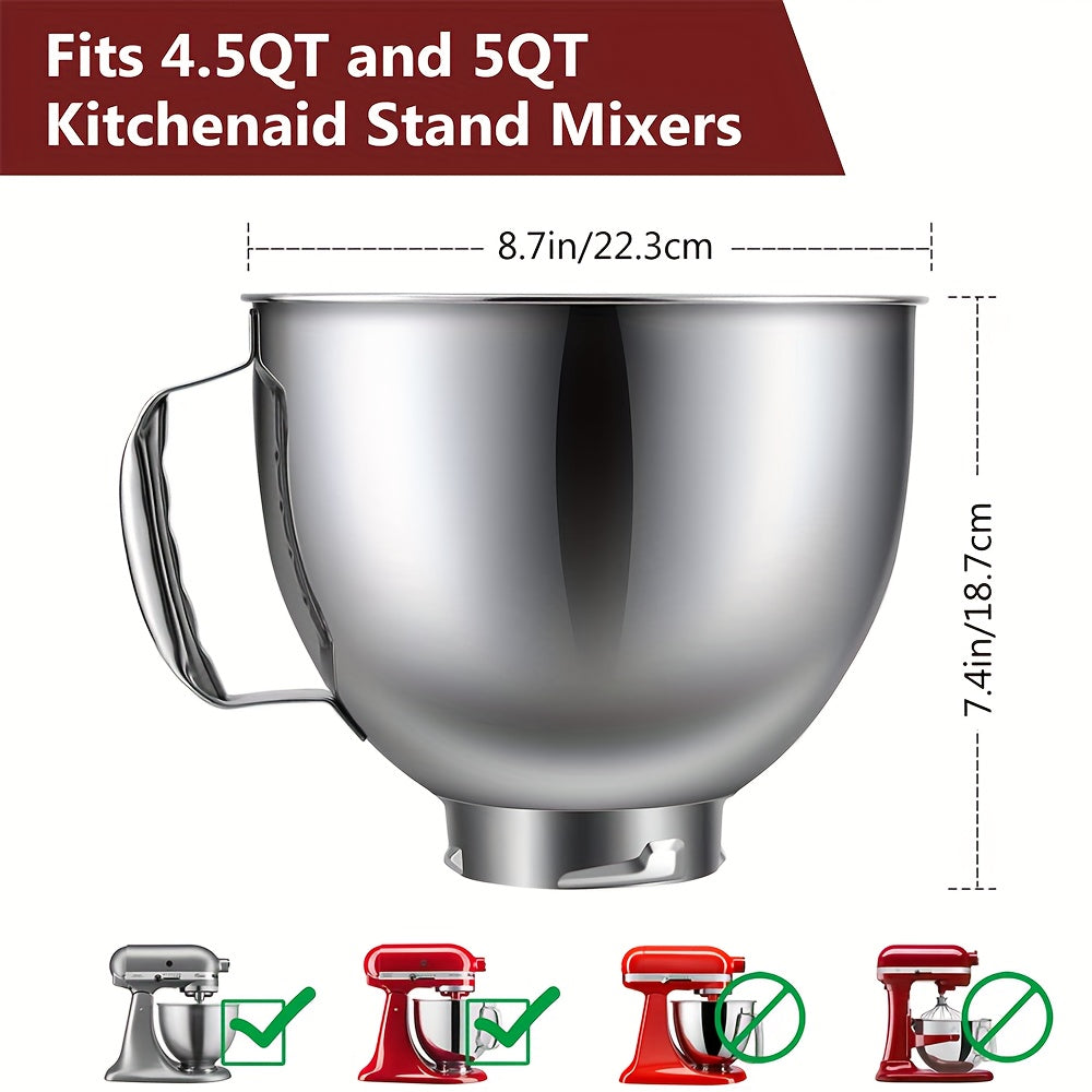 Naychali po'latdan yasalgan aralashtirish idishi KitchenAid Artisan va Classic seriyali tilt-boshli aralashtirgichlar bilan mos keladi, 4.5-5 QT sig'im, tutqichi bilan birga.