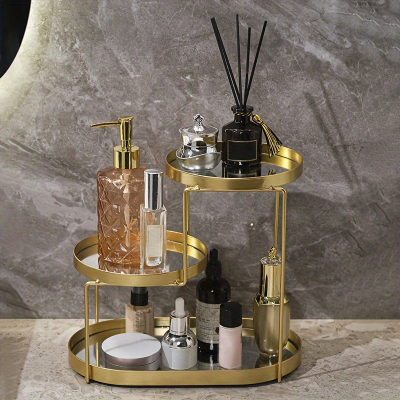 Golden Metal Cosmetic Organizer with 3 Tiers Marble Pattern Vanity Bathroom Storage