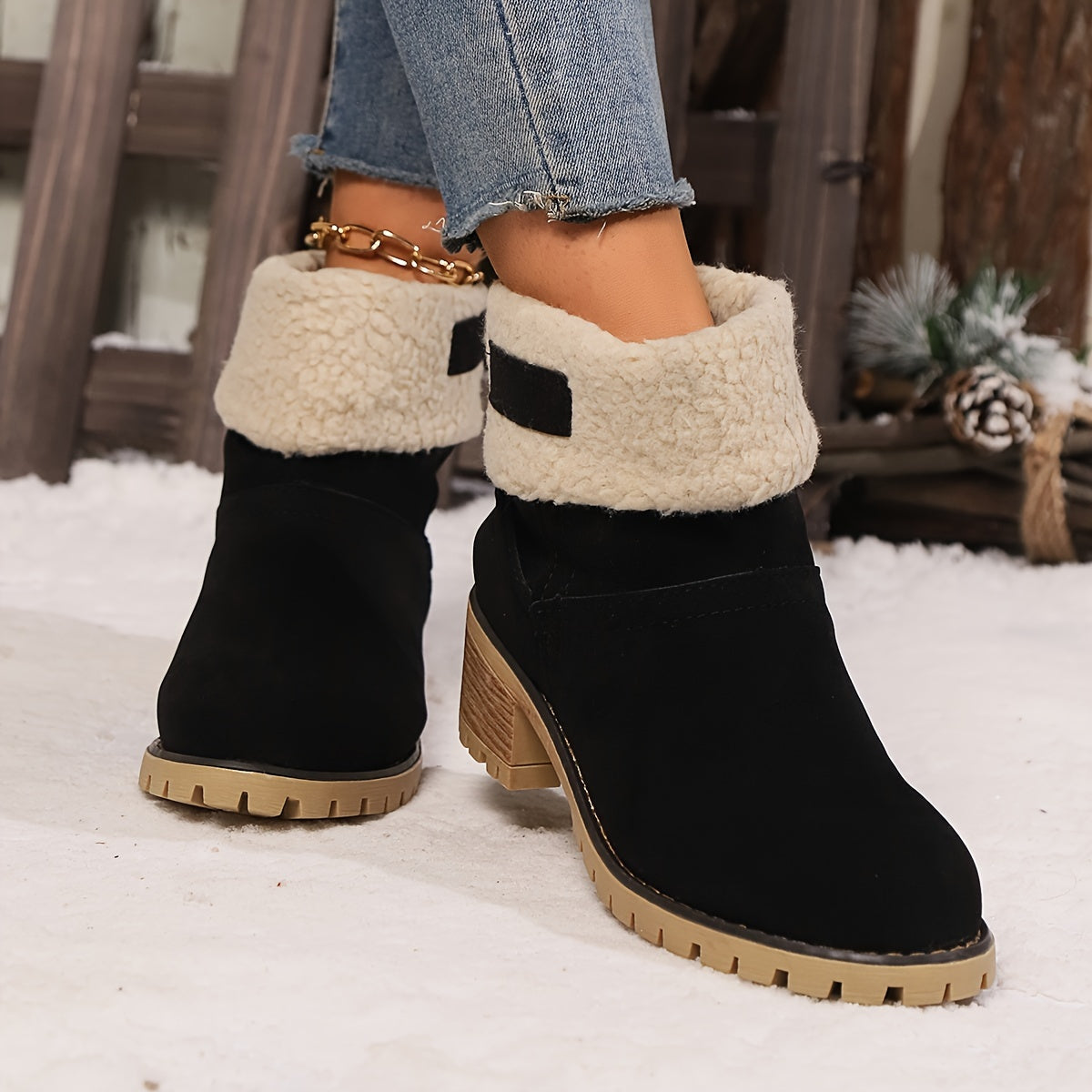 Women's Winter Slip-On Chunky Heel Snow Boots with Faux Fur Lining