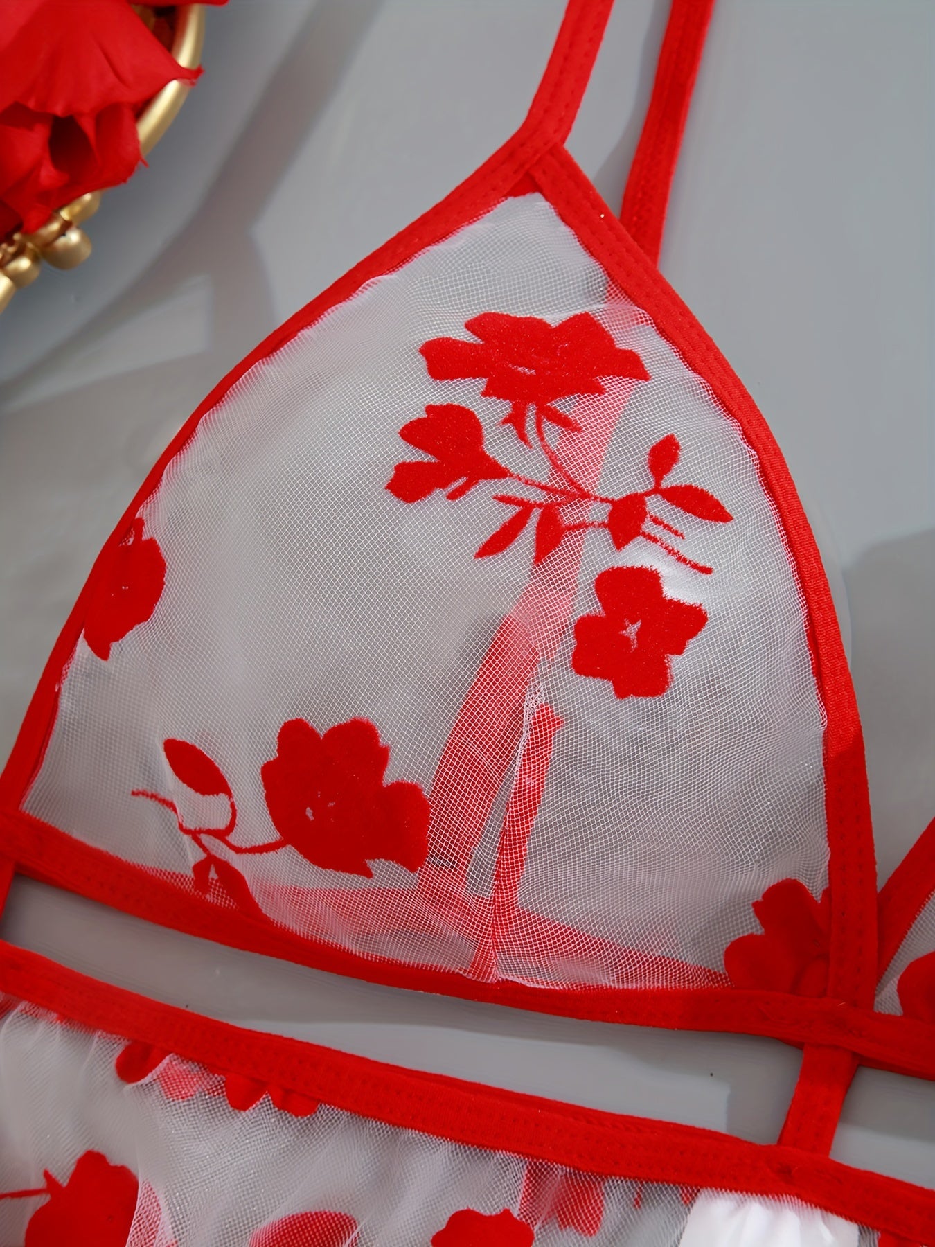 Black Floral Print Sheer Bodysuit with Thong Panties Lingerie