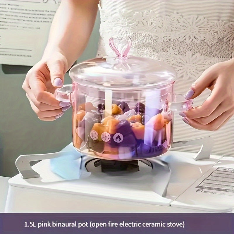 Pink Borosilicate Glass Stockpot 1500ml with Dual Handles and Safety Lid