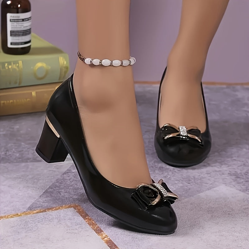 Women’s Black Bow Mary Jane High Heels Chunky Mid-Heel Pumps