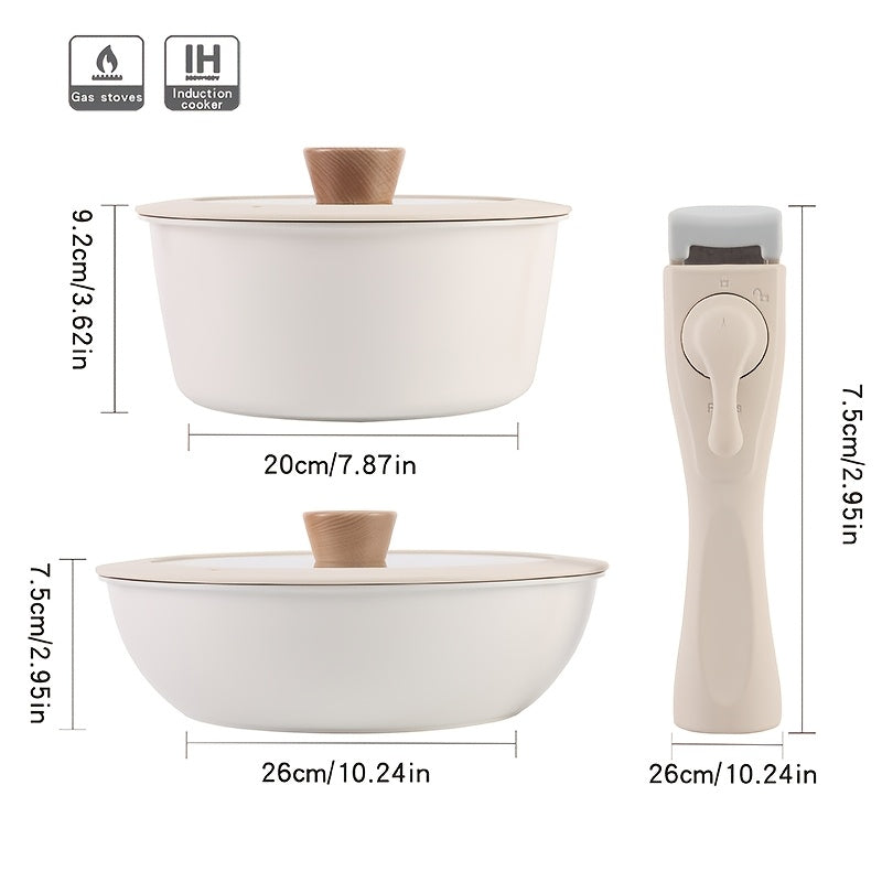 Non-Stick Aluminum Cookware Set with Removable Handle, Stackable, Glass Lids