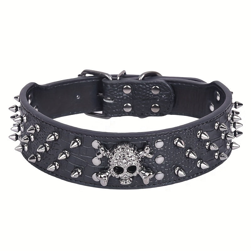 Leather Spiked Dog Collar with Bullet Rivets and Skull Design for Medium and Large Dogs