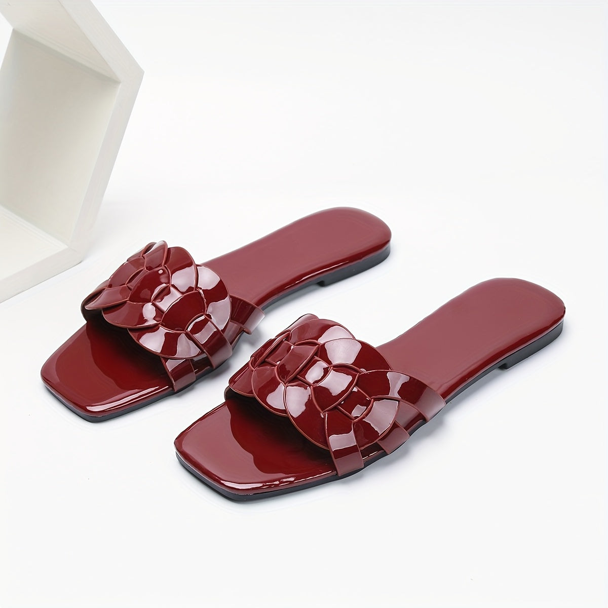 Women's Burgundy Flat Sandals with Floral Buckle Ankle Strap