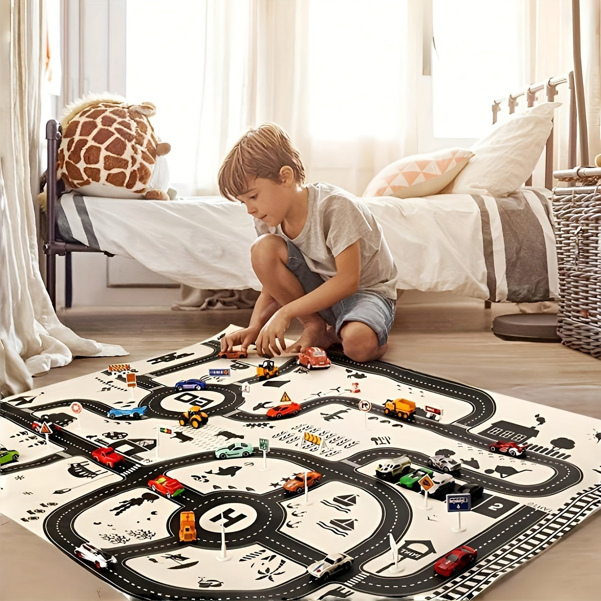 Alfombra de juego para niños en blanco y negro con diseño de mapa de tráfico urbano impermeable