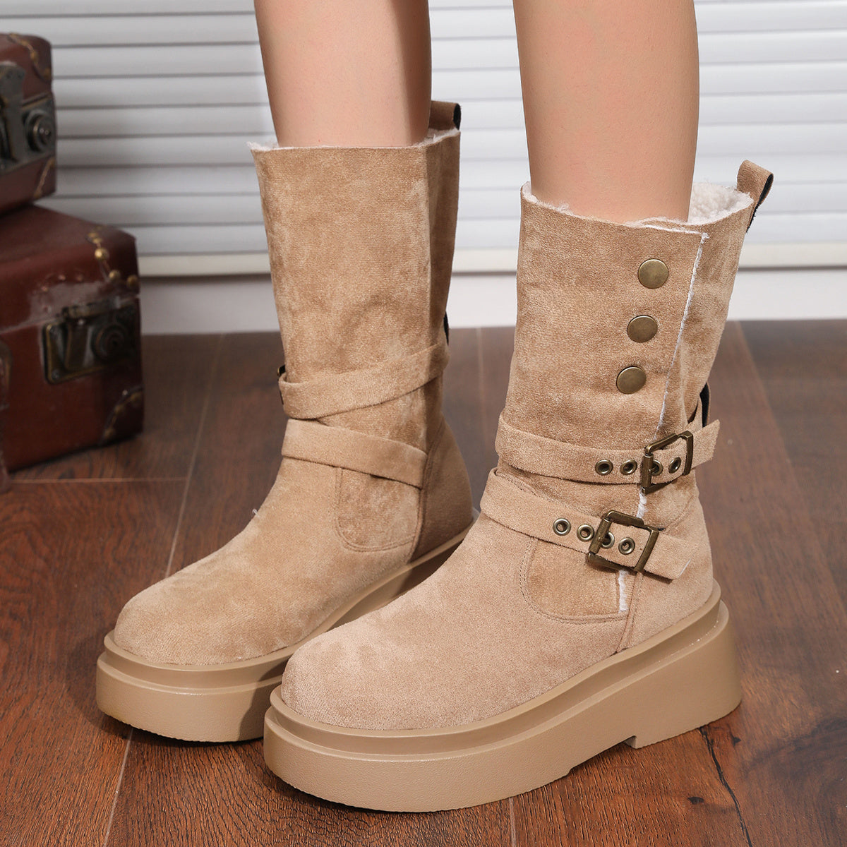 Women's Fleece Mid-Calf High Heel Western Cowboy Boots with Buckle