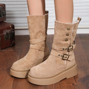 Women's Fleece Mid-Calf High Heel Western Cowboy Boots with Buckle