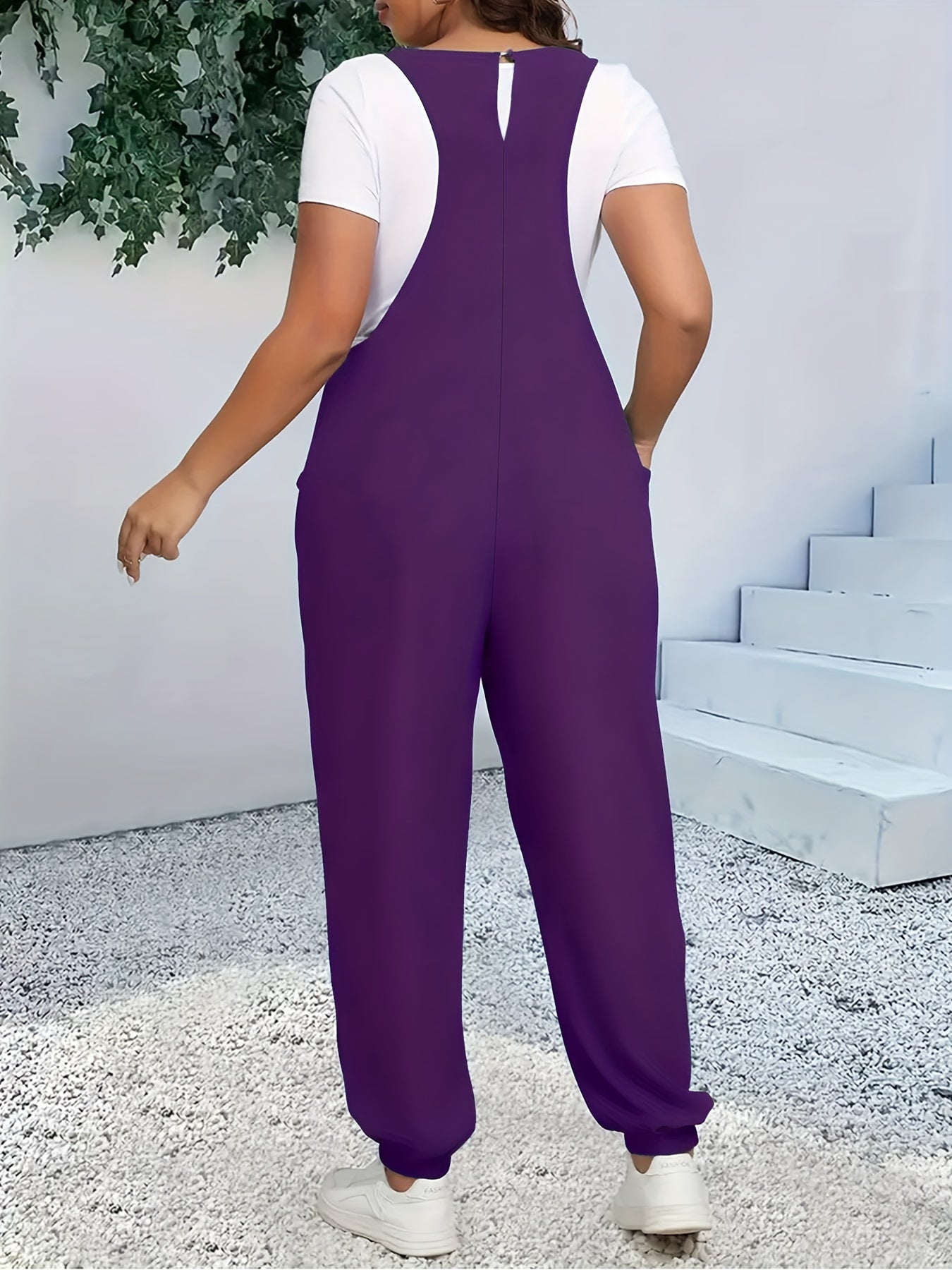 Women's Plus Size V-Neck Jumpsuit with Pockets, Solid Color, Casual Summer
