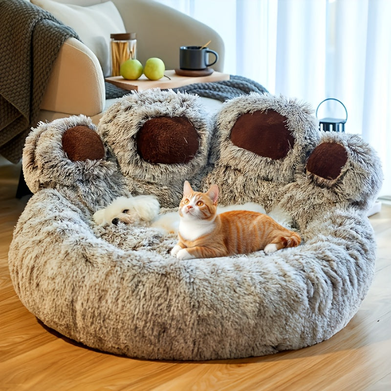 Pet Paw-Shaped Round Dog and Cat Bed Gray Faux Fur Non-Slip Small Medium