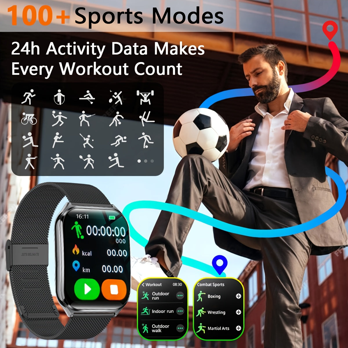 Ultra-Thin Smartwatch with Full Touch Display Dual Screen USB Charging Stainless Steel Case Fitness Tracking Calls Messages Music Control for Android iPhone