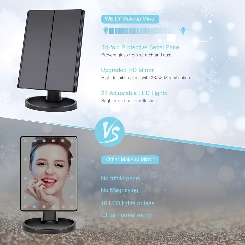 LED Lighted Vanity Makeup Mirror with 2X and 3X Magnification, Touch Control, Trifold Design, Dual Power USB Battery