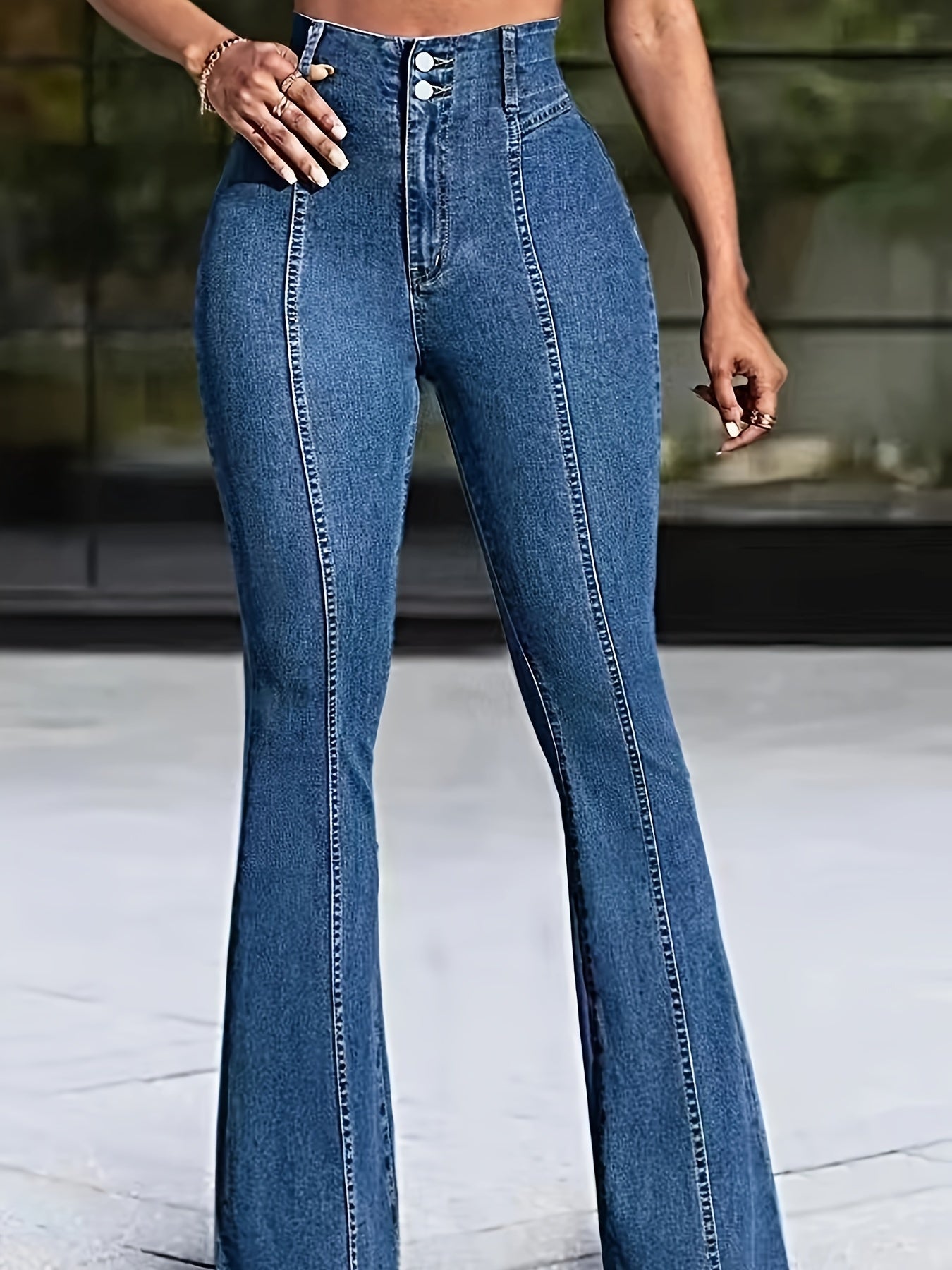 Women's High-Waisted Flare Jeans with Elastic Waistband and High Stretch Denim