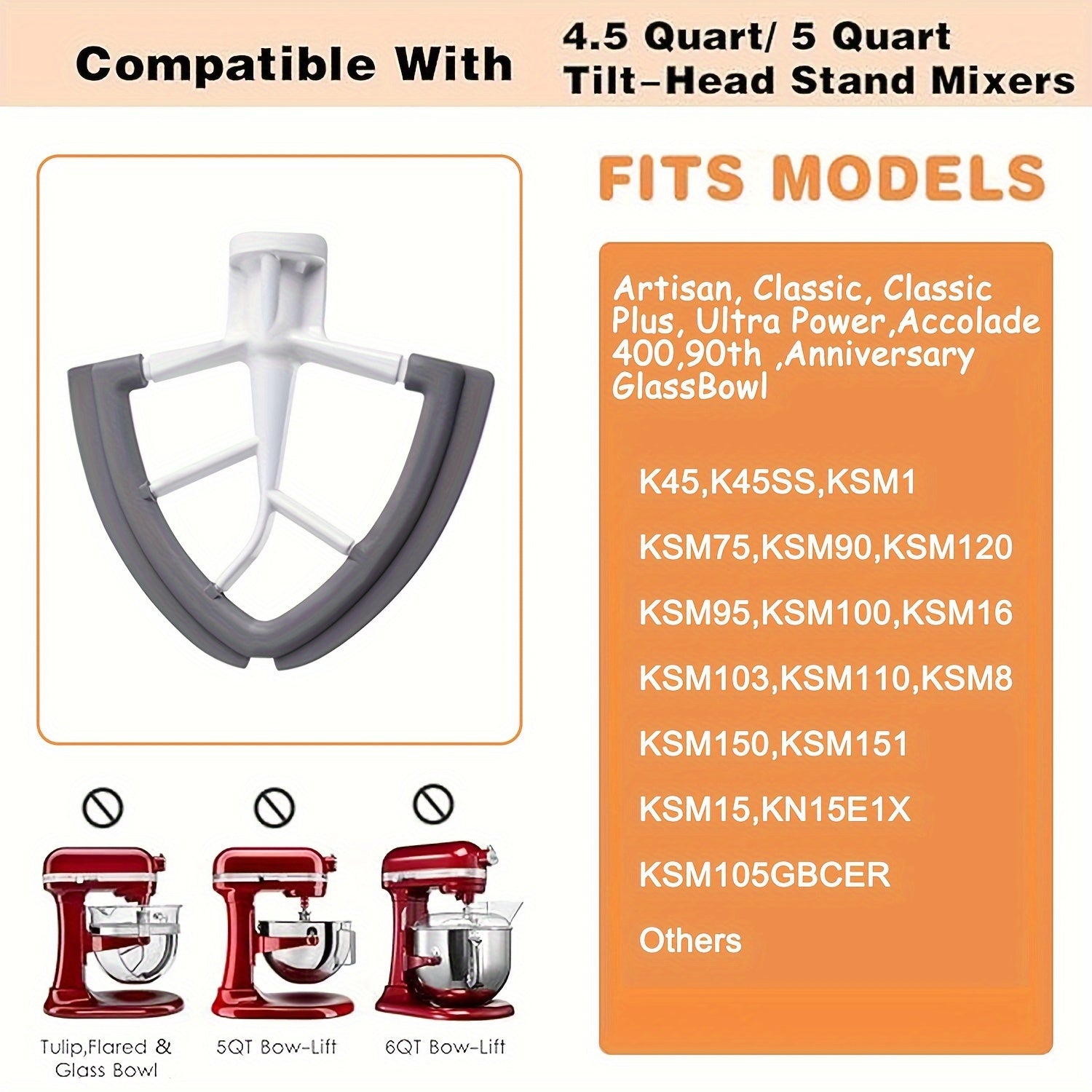 4.5 Quart Wire Whip and Beater Set for Tilt-Head Stand Mixers with Flat Coated Paddle and Silicone Edges