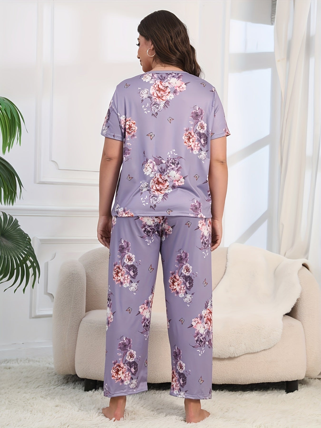 Plus Size Floral Knit Pajama Set with Short and Long Sleeves in Purple