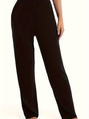 Plus Size Women's Stretch Straight Leg Pants Black Casual Trousers with Elastic Waist