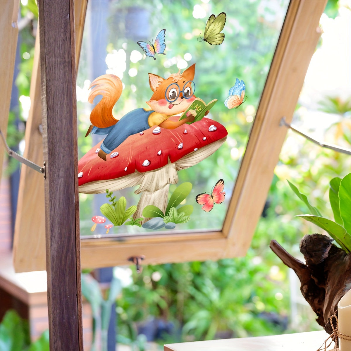 Double-Sided Window Clings Fox and Mushroom Butterfly Decor for Home