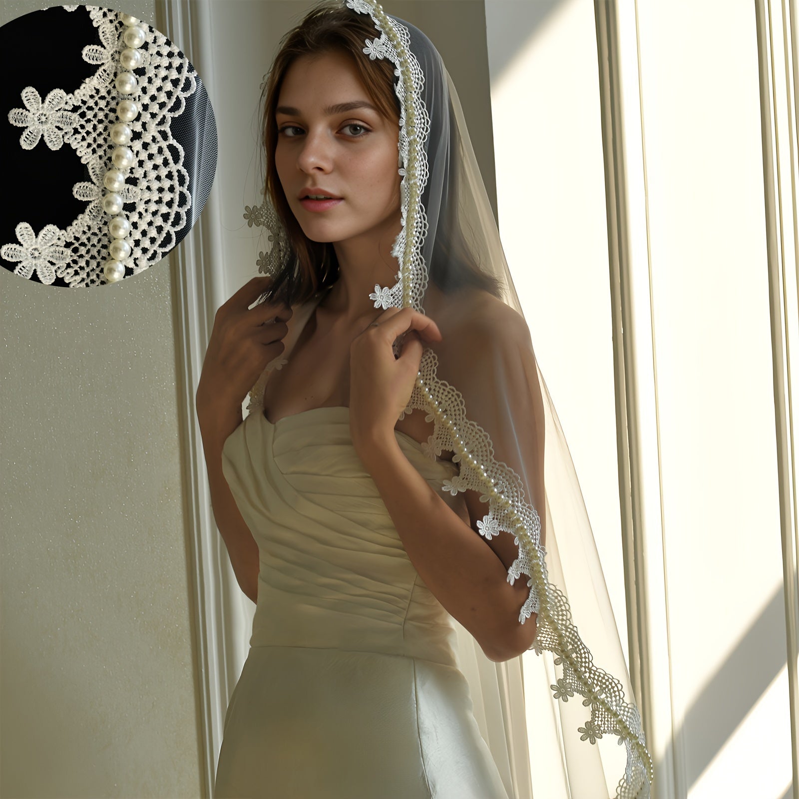 Bridal Lace Veil Wedding Dress Hair Accessories Single Layer Beaded Detail