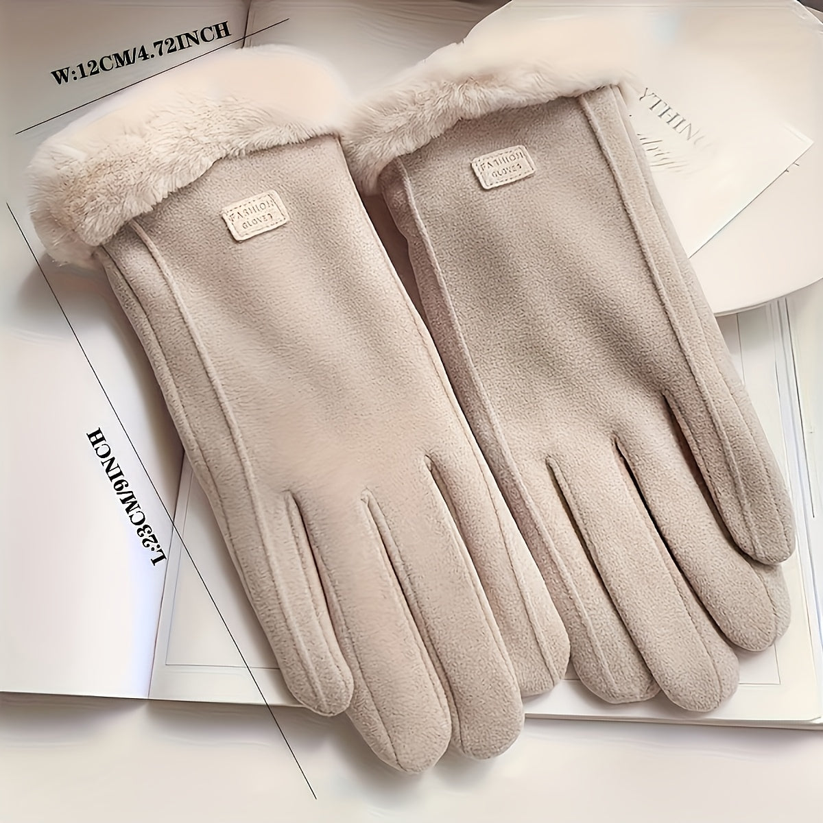 Women's Beige Touchscreen Gloves with Plush Lining and Full Finger Design