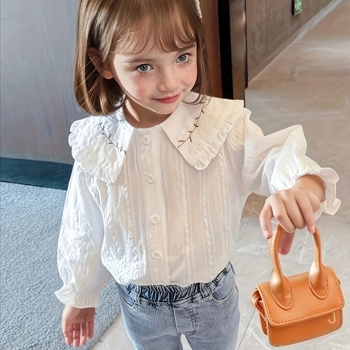 Девочковая цветочная рубашка с рюшей из хлопкового смесового материала для весны и осени