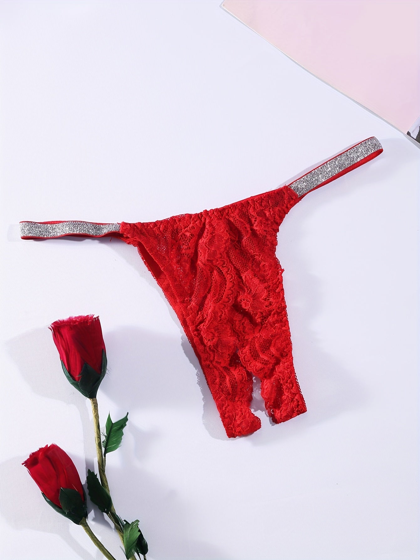 Women's Solid Color Knit Fabric Thong Lingerie with Lace Panel and Sheer Design