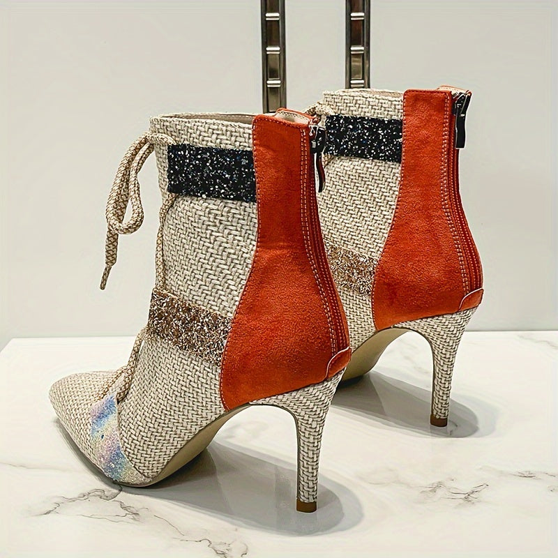 Женские ботинки на щиколотке с блестящими акцентами, полосатая ткань, каблуки-стилетто