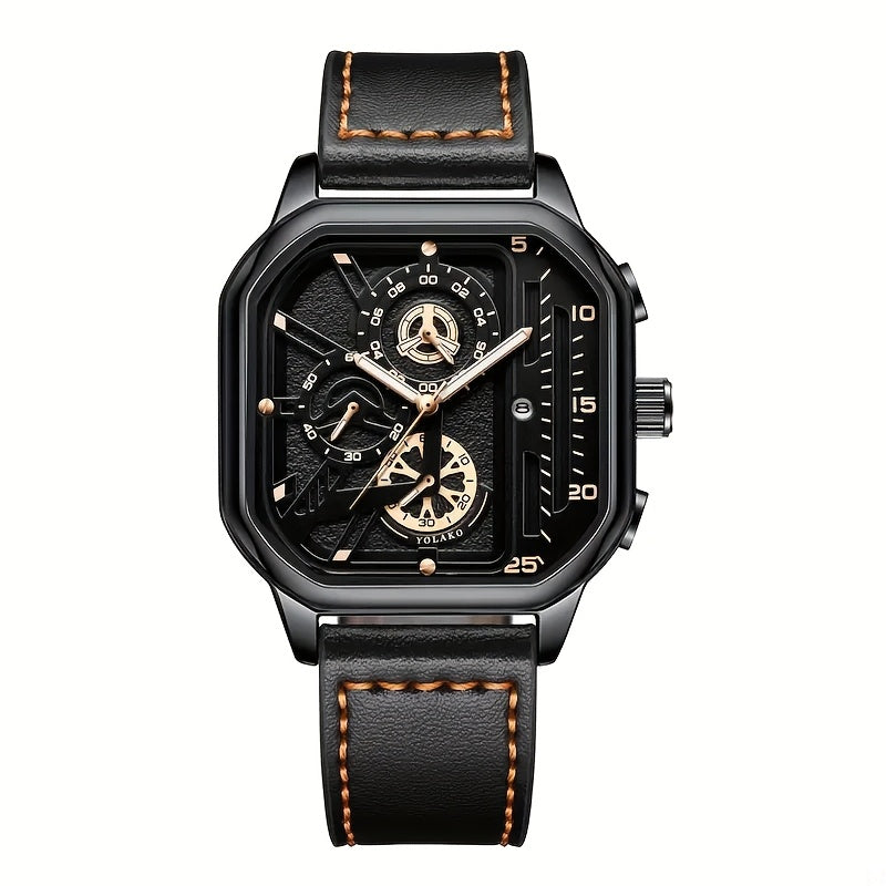 Men's Sports Watch Quartz Square Alloy Case Faux Leather Strap Non-Waterproof Calendar