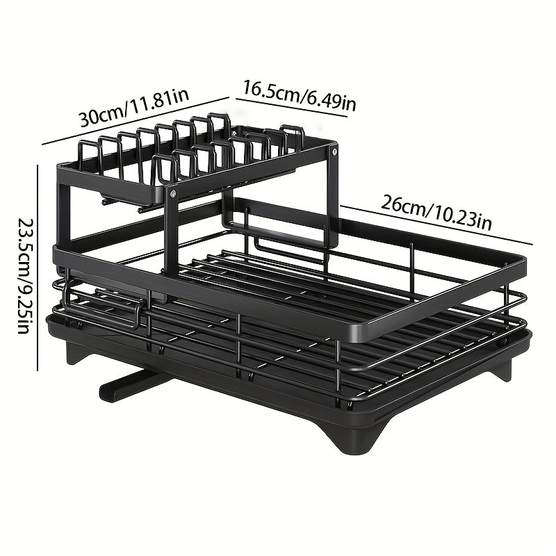 Double Layer Dish Rack with Drainboard and Utensil Holder for Kitchen Countertop Storage