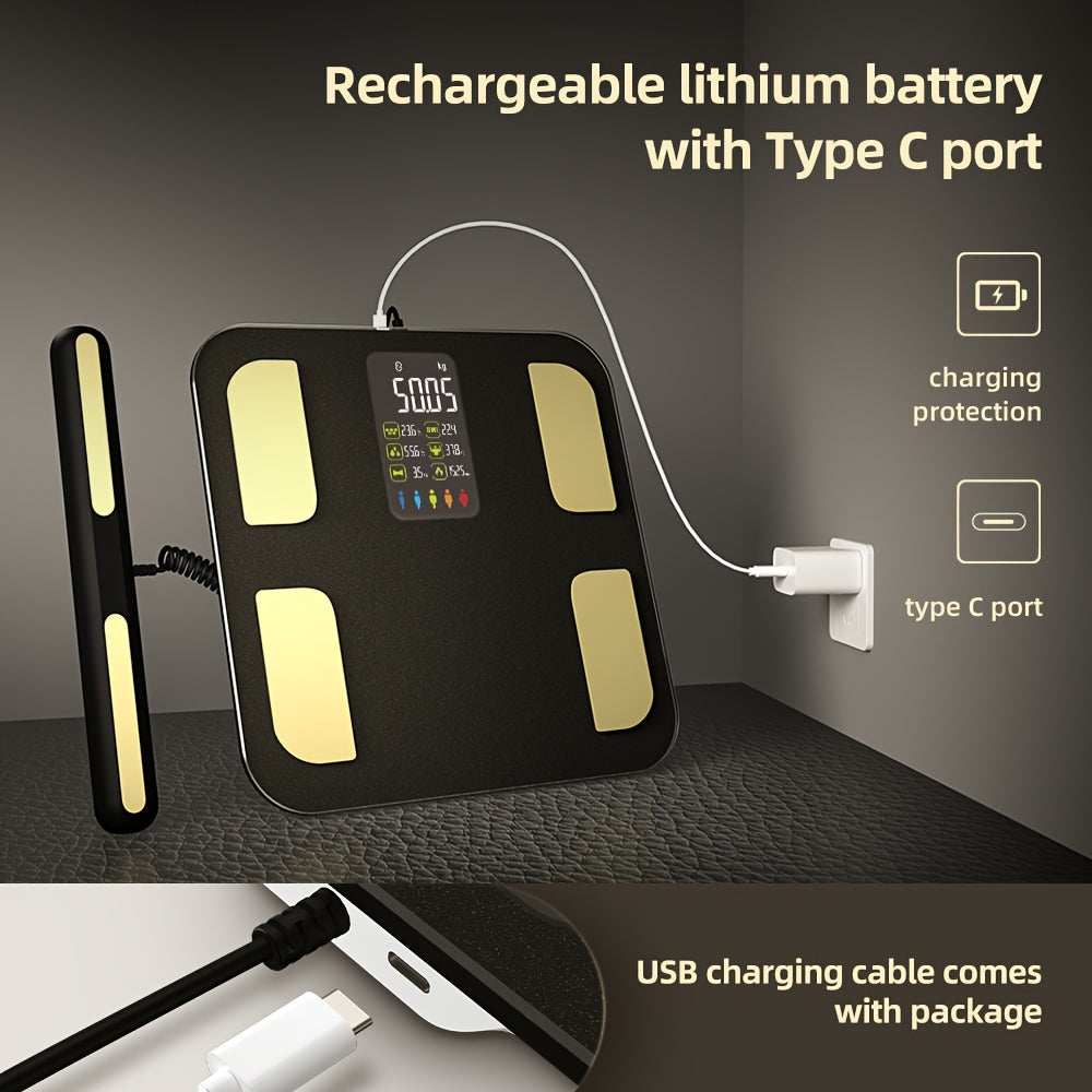 Báscula de peso corporal con conectividad inalámbrica, batería recargable por USB y monitoreo de salud para uso doméstico