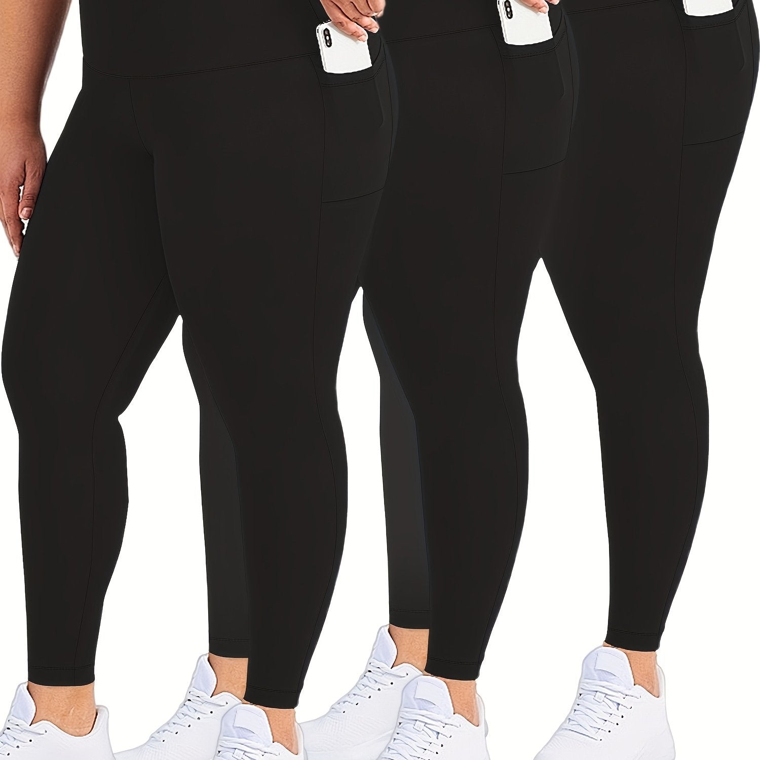 Plus Size Womens Black Pockets High Waisted Tummy Control Leggings Set