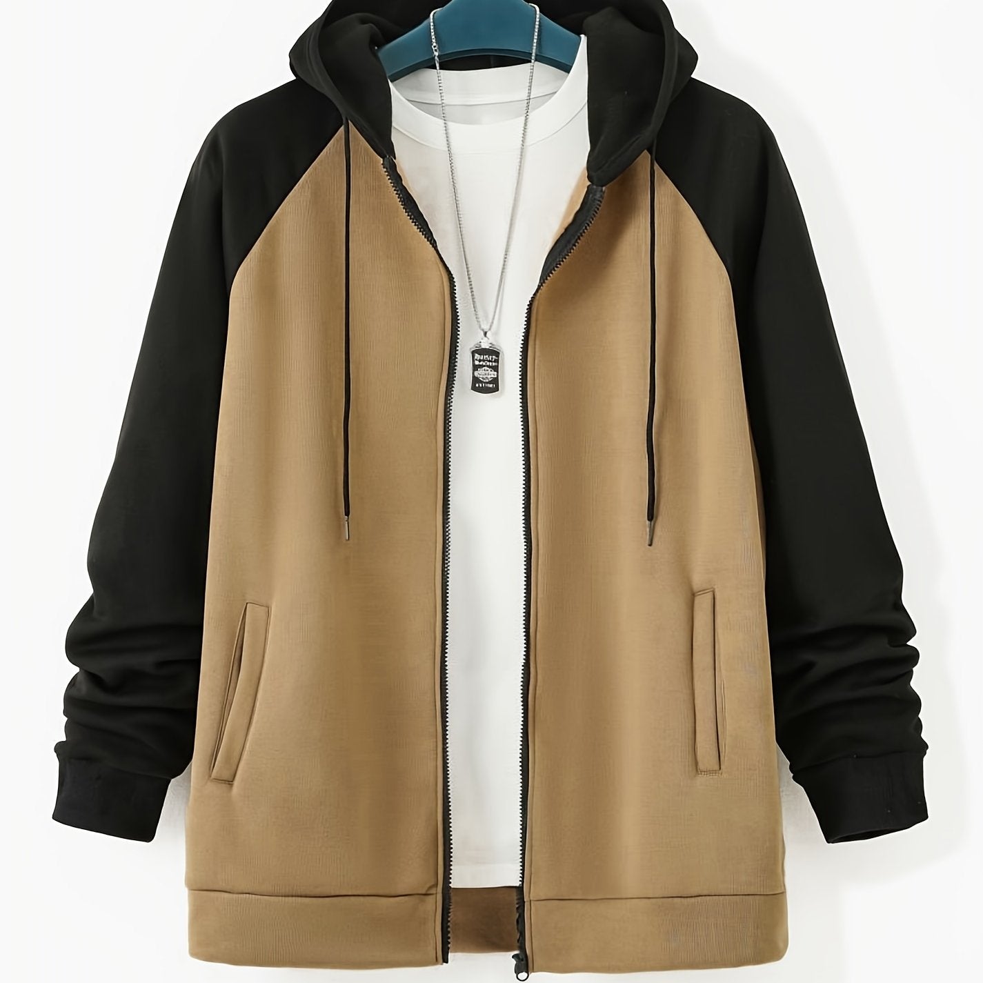 Men's Plus Size Color Block Full Zip Hoodie with Drawstring Long Sleeves