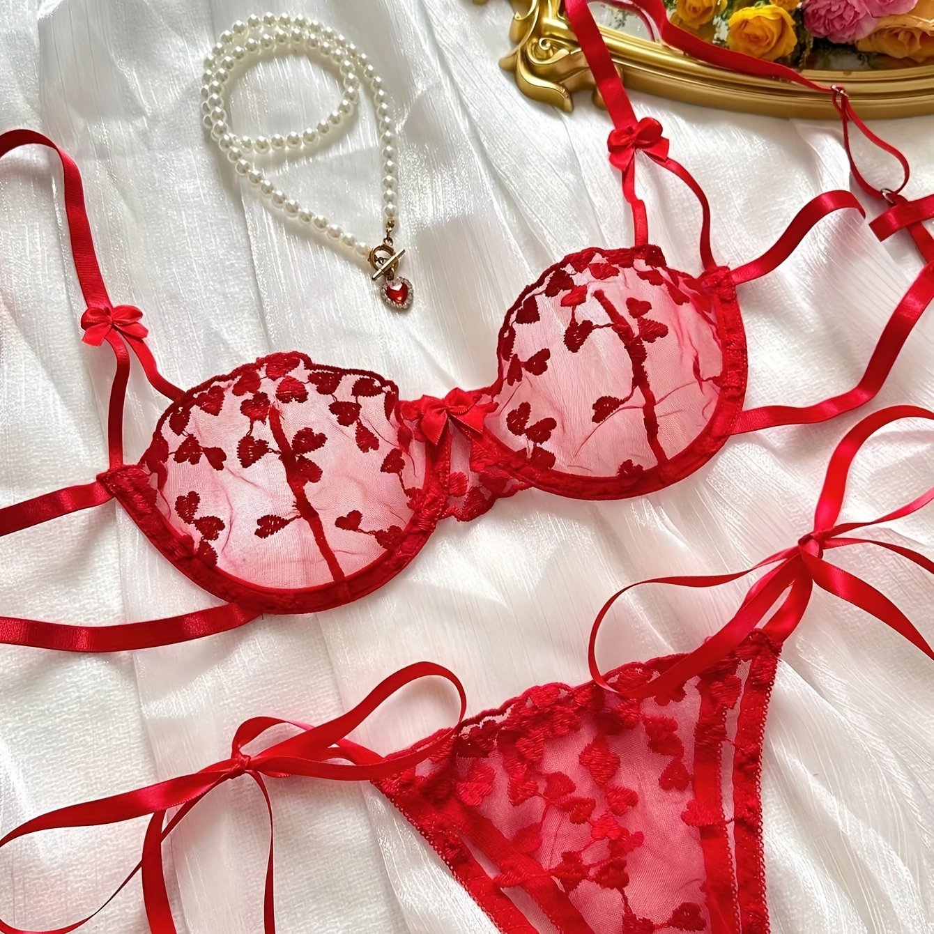 Women's Lingerie Set with Heart Pattern and Thin Shoulder Straps