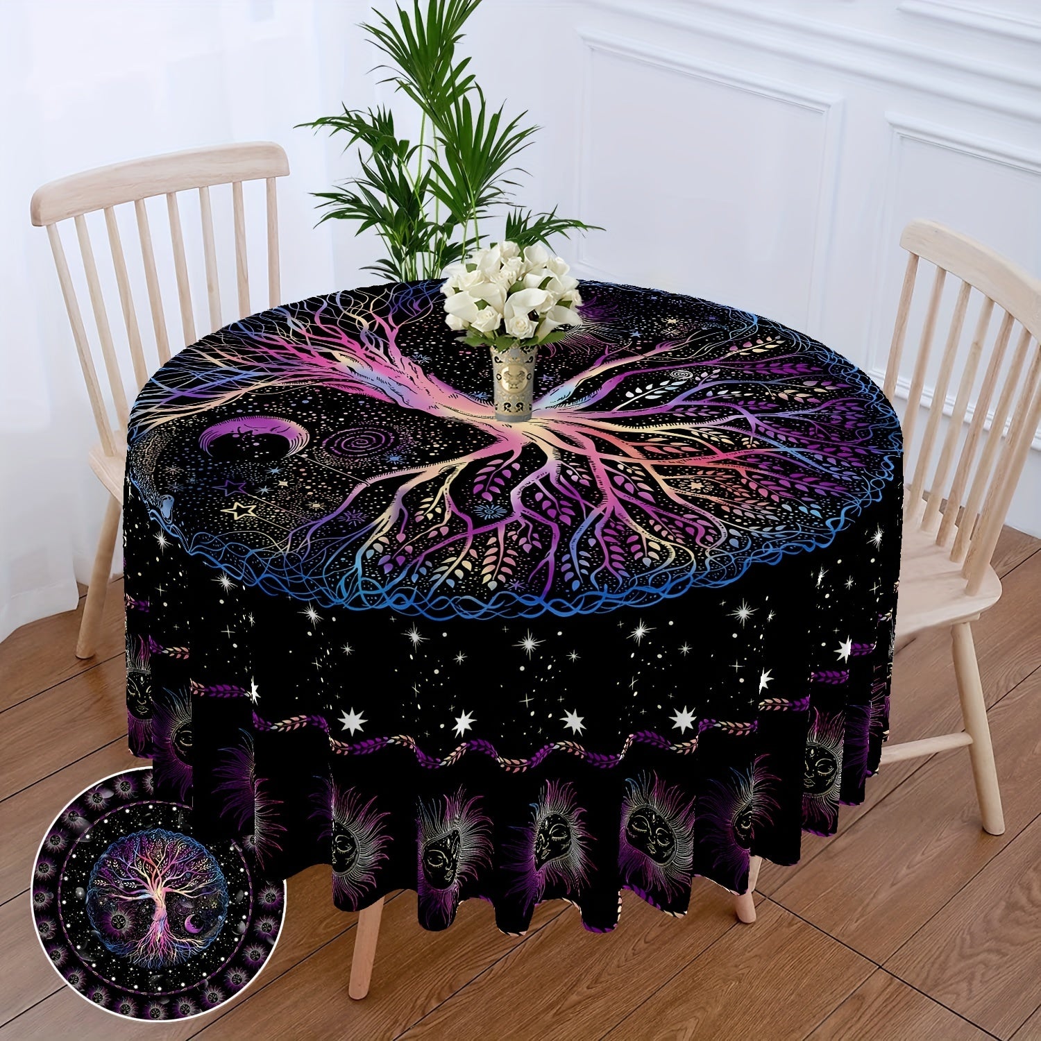 63-Inch Round Boho Tablecloth Sun Moon Star Tree Pattern Stain-Resistant Absorbent